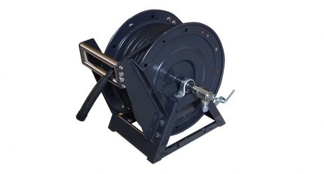 Metal A-frame hose reel with electric motor hose guide and