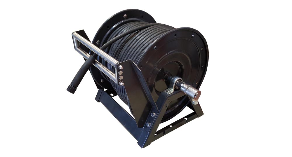 Hose reel high pressure 300' x 3/8 inch - A-frame type with motor & hose -  Streamline Systems