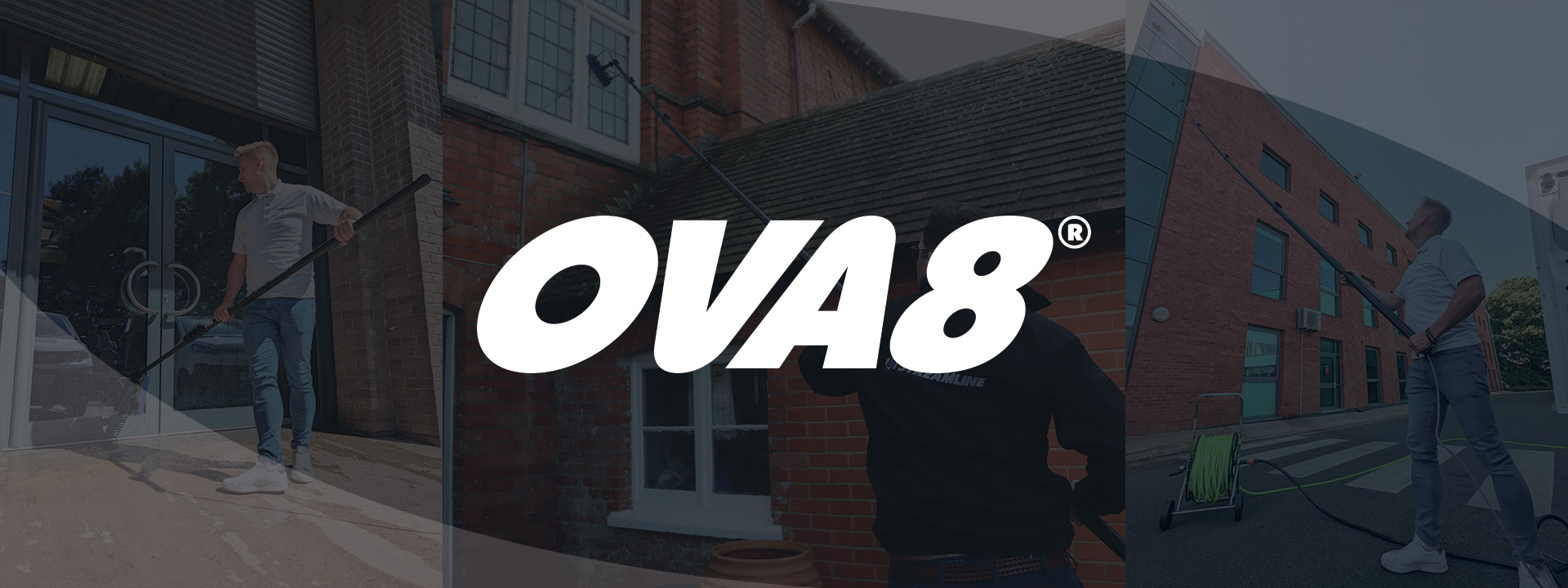 People demonstrating water fed window cleaning poles by cleaning windows and door with the text OVA8 in the centre