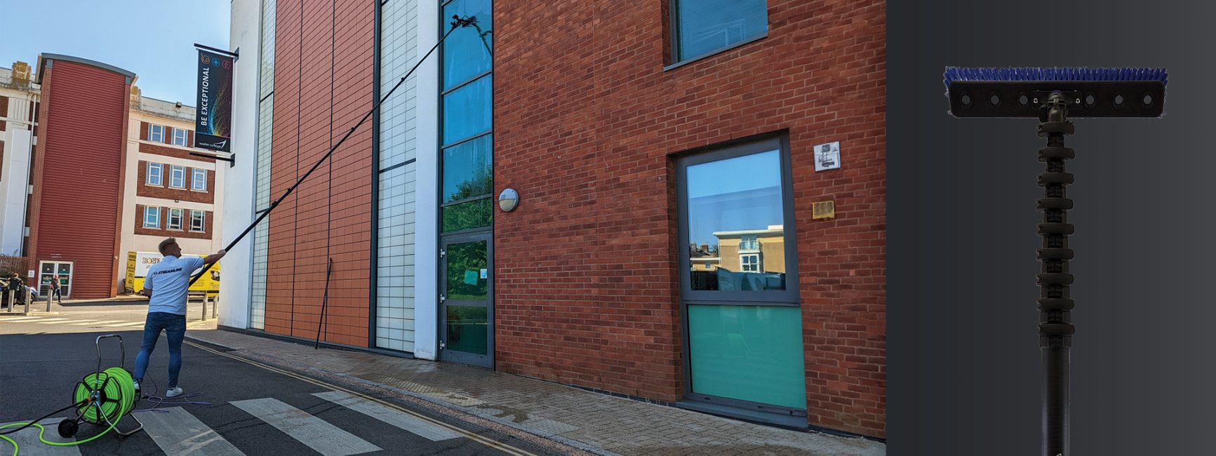 Man using a water fed window cleaning pole to clean the windows of Exeter college